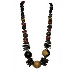 Boho Wood Beaded Statement Necklace – Multi-Tone Natural Tribal Style